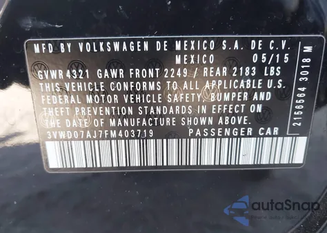 2015 Volkswagen Jetta 1.8T Se из США, поврежденный, VIN 3VWD07AJ7FM403719